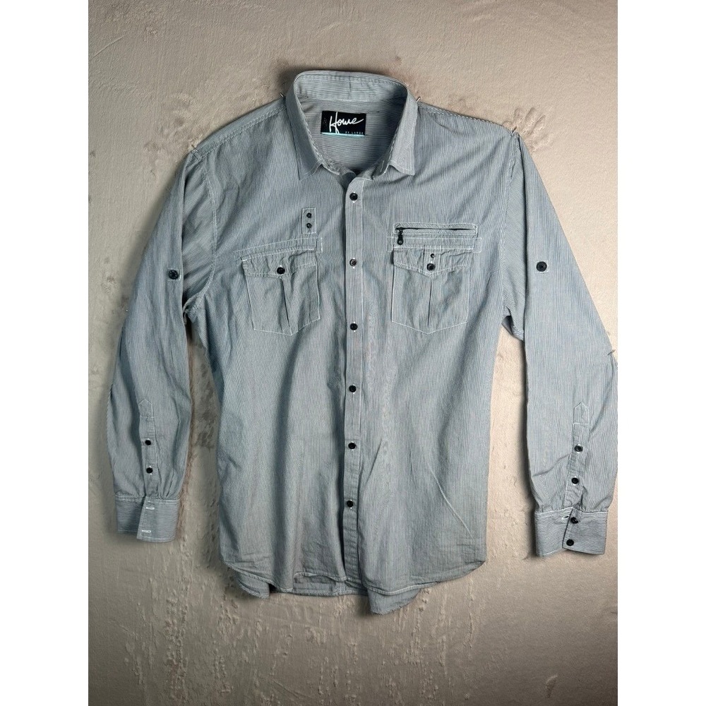 Howe Button Down Shirt Mens Large Grey Pinstripe Excellent Roll Tab Utility
